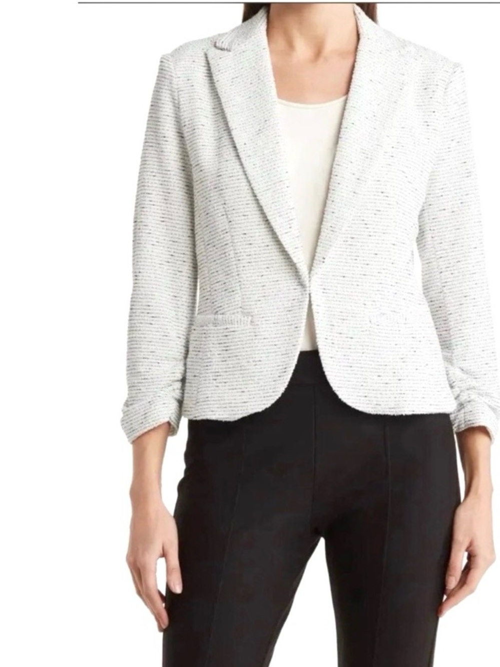 Chelsea & Amanda Textured Black & Cream Ponte 3/4 Sleeve Stretch Blazer Lrg. NWT - Picture 2 of 11